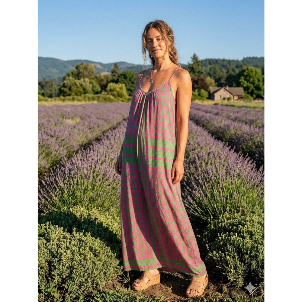 Amanda Uprichard Women’s 100% Silk Green And Pink Maxi Dress Size Medium